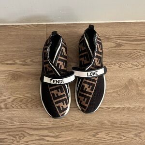 Fendi Black and Brown Logo Slip-On Shoes